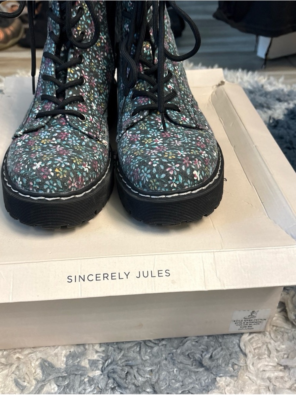 Sincerly Jules Black Floral Lace-Up Combat Boots